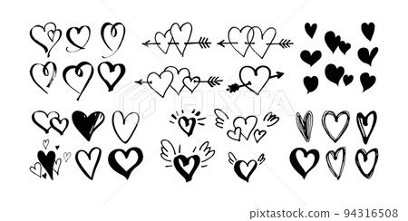 Hand drawn hearts with little wings and pierced with arrow. Symbol of love. Doodle style Valentine's day illustration. Vector. 94316508