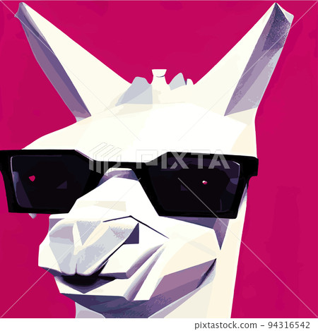 Cheerful llama with glasses pastel background pop geometric art. Humorous postcard, t-shirt composition, hand drawn style print. polygon vector illustration. Funny poster. Portrait llama 94316542