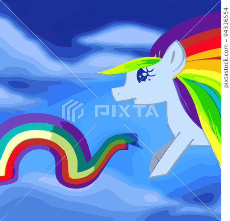 Magical cute unicorn flying in the clouds in cartoon style, for web landing page, banner, flyer, sticker, card. Fairy tale vector illustration.Unicorn flies in clouds and rainbow fantasy cartoon 94316554