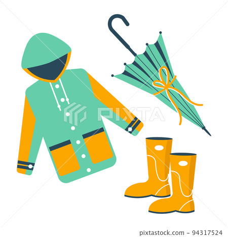 Rain jacket, rubber boots and umbrella. Autumn vector set, illustration Rain jacket, rubber boots and umbrella. Autumn vector set, illustration 94317524