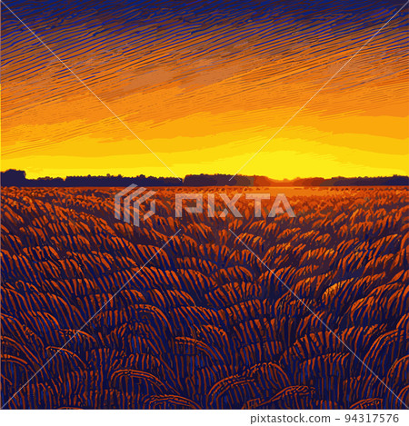 Vector wheat field. Flake ears. Rural landscape panorama. Hand drawn yellow watercolor illustration. Countryside engraving. ole wheat on the summer hills and distant in the background. trees, plants, 94317576