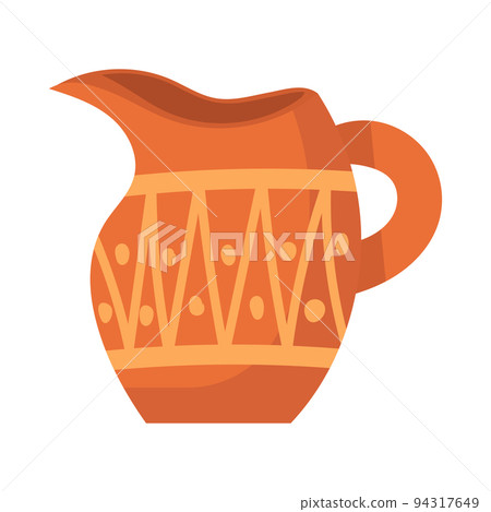 Rustic clay pottery and brown pot or jug with pattern decorations. Old handmade utensil and ceramic Greek object. Jug shape and vintage earthenware icon vector illustration 94317649