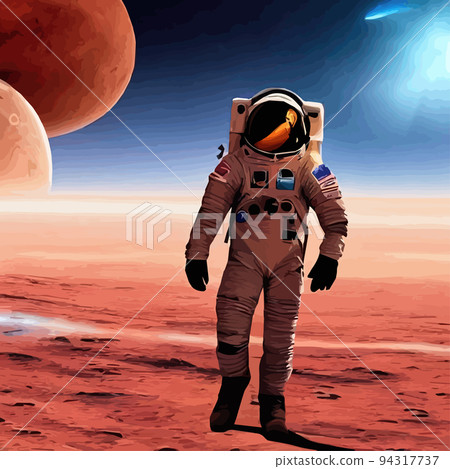 Astronaut explores space being desert mars. Astronaut space suit performing extra-cosmic activity space against stars and planets background. Human space flight. Modern colorful vector illustration Astronaut explores space being desert mars. Astronaut space suit performing extra-cosmic activity space against stars and planets background. Human space flight. Modern colorful vector illustration 94317737