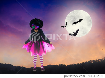 Halloween witch. Huge moon and bat. 94318210