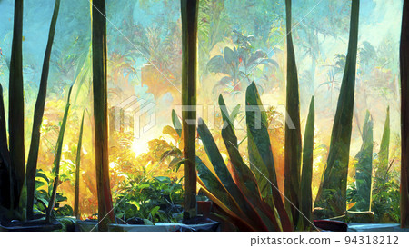 Computer-generated tropical landscape illustration. watercolors, acrylics and ink. CGI. 94318212