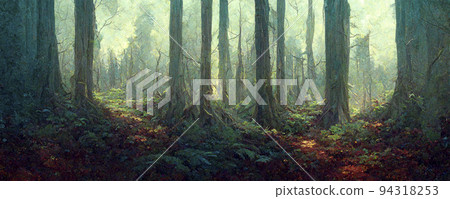 Lovely magic colored blurred foggy forest trees with illustrated abstract bokeh light. 94318253