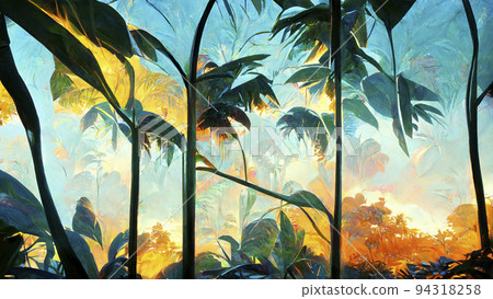 Computer-generated tropical landscape illustration. watercolors, acrylics and ink. CGI. 94318258