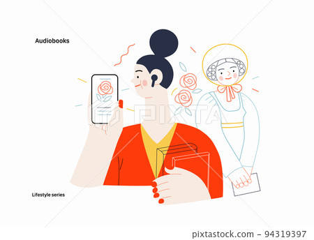 Lifestyle series - Audiobooks - modern flat vector illustration of a woman listening an audiobook with buds in the tablet application and a Victorian Era literary character. People activities concept Lifestyle series - Audiobooks - modern flat vector illustration of a woman listening an audiobook with buds in the tablet application and a Victorian Era literary character. People activities concept 94319397