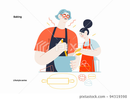 Lifestyle series -Baking -modern flat vector illustration of a man and a girl wearing aprons making the dough, baking cookies. The girl is pouring some milk into the mixture. People activities concept 94319398
