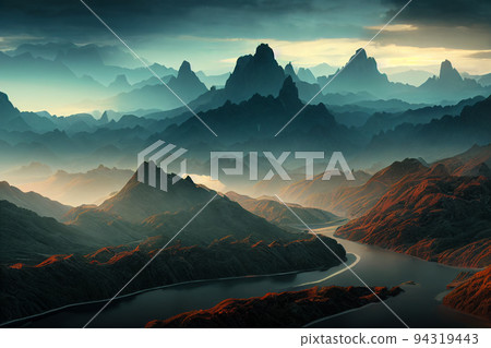 Amazing landscapes view of mountain with gold hour on sunrise morning. 2D Illustration. Amazing landscapes view of mountain with gold hour on sunrise morning. 2D Illustration. 94319443