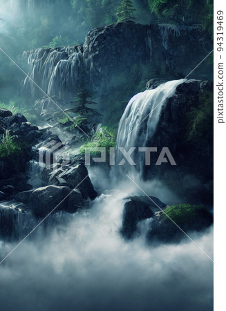 Beautiful waterfall in deep forest like a paradise. 2D Illustration. 94319469