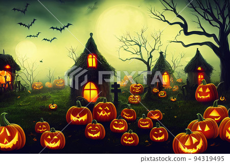 Halloween pumpkins in graveyard on the spooky Night. Halloween background concept. Halloween pumpkins in graveyard on the spooky Night. Halloween background concept. 94319495