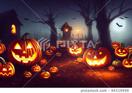 Halloween pumpkins in graveyard on the spooky Night. Halloween background concept. Halloween pumpkins in graveyard on the spooky Night. Halloween background concept. 94319498
