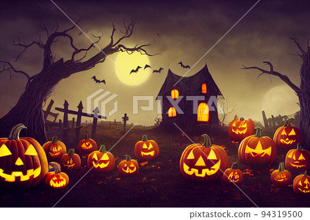 Halloween pumpkins in graveyard on the spooky Night. Halloween background concept. Halloween pumpkins in graveyard on the spooky Night. Halloween background concept. 94319500