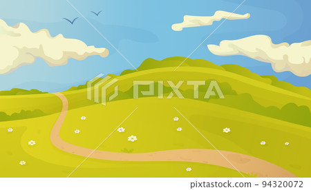Bright summer vector landscape with trail in the grass and clouds on blue sky 94320072