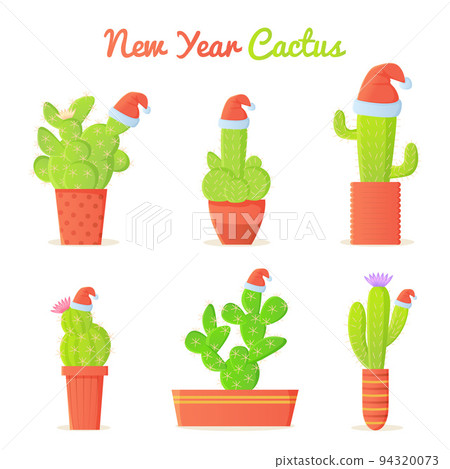 Cartoon cactus in Christmas Santa s hat set. Winter holidays in dessert concept. New year Mexico vector illustration isolated on white background. 94320073