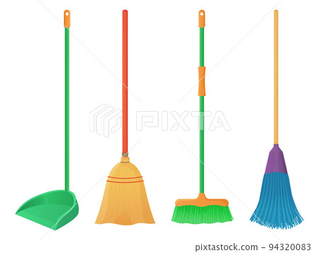 Cartoon plastic and wood broom set. A broom sweeps dust and dirt on scoop. Housework, cleaning services, household,concept. Equipment for cleaning element isolated white background. Stock vector. Cartoon plastic and wood broom set. A broom sweeps dust and dirt on scoop. Housework, cleaning services, household,concept. Equipment for cleaning element isolated white background. Stock vector. 94320083