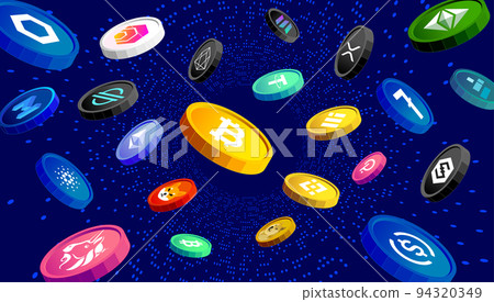 Cryptocurrency coins banner concept. Digital money falling on blue background. 94320349