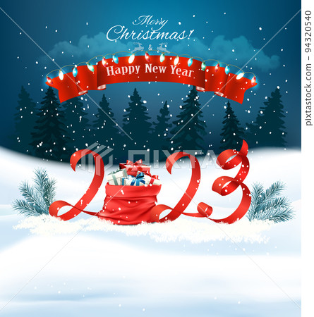 2023 Happy New Year and Merry Christmas holiday background with gift boxes and colorful garland. Vector. 94320540