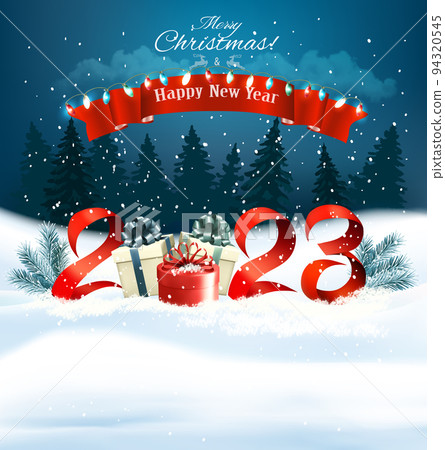 2023 Happy New Year and Merry Christmas holiday background with gift boxes and colorful garland. Vector. 2023 Happy New Year and Merry Christmas holiday background with gift boxes and colorful garland. Vector. 94320545