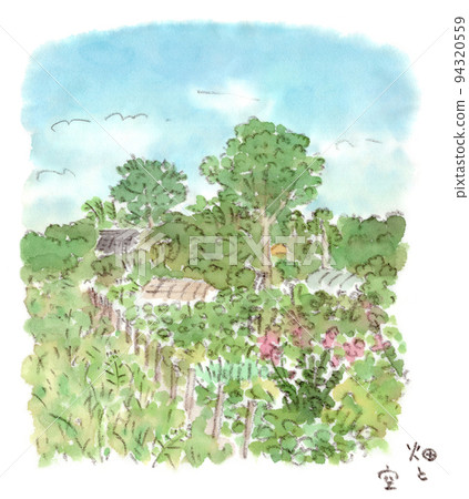 在藍天下,一幅田野和森林長滿植被的水彩插圖 在藍天下,一幅田野和森林長滿植被的水彩插圖 94320559