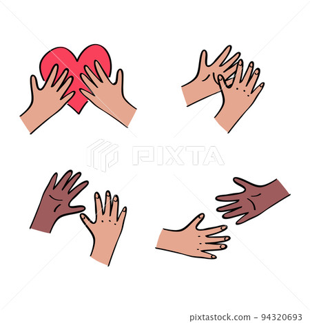 Kids hands interans set. Holding heart, reaching out to each other. Charity donation, social care, diversity concept. Vollunteer logo. Outline with color illustration in hand drawn style 94320693