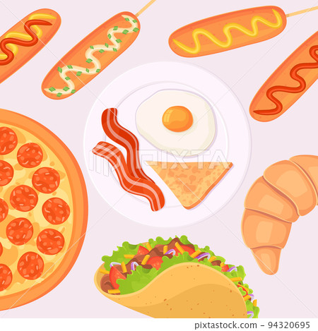 cooking collection background fast food. croissant,pizza, taco, bacon with egg, corn dog 94320695