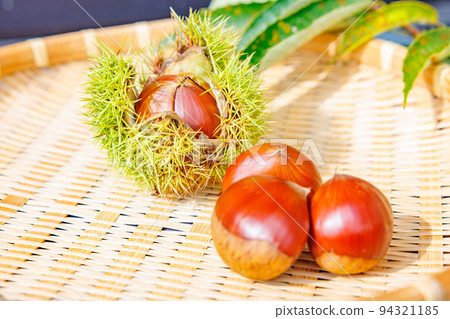 Chestnuts and raw chestnuts on a bamboo basket Chestnuts and raw chestnuts on a bamboo basket 94321185