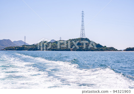 A panoramic view of Okunoshima seen from a boat and Japan's tallest power transmission tower Tadanoumicho, Takehara City, Hiroshima Prefecture A panoramic view of Okunoshima seen from a boat and Japan's tallest power transmission tower Tadanoumicho, Takehara City, Hiroshima Prefecture 94321903