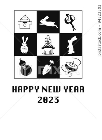 2023 Reiwa 5 黑白新年賀卡帶生肖兔和幸運符 2023 Reiwa 5 黑白新年賀卡帶生肖兔和幸運符 94323503