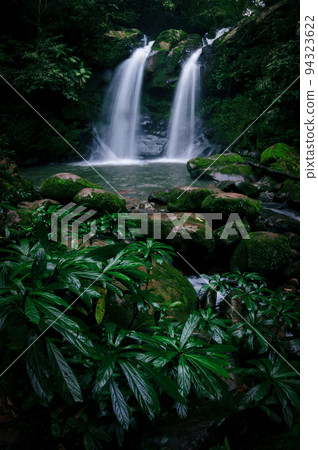 Beautiful woman in red dress in front of the Sapan Waterfall, Khun Nan National Park, Boklua District, Nan Province, Thailand. Beautiful woman in red dress in front of the Sapan Waterfall, Khun Nan National Park, Boklua District, Nan Province, Thailand. 94323622