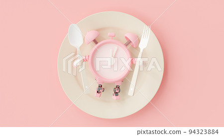 Pink alarm clock robot holding spoon and fork on cream color. 94323884