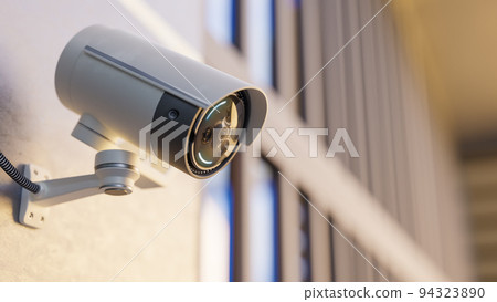 CCTV camera installed on wall of the building. Scan the area for surveillance purposes. CCTV camera installed on wall of the building. Scan the area for surveillance purposes. 94323890