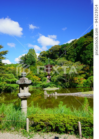 Precincts of Joruriji Temple, stone lanterns and Nakajima, three-storied pagoda Precincts of Joruriji Temple, stone lanterns and Nakajima, three-storied pagoda 94323914