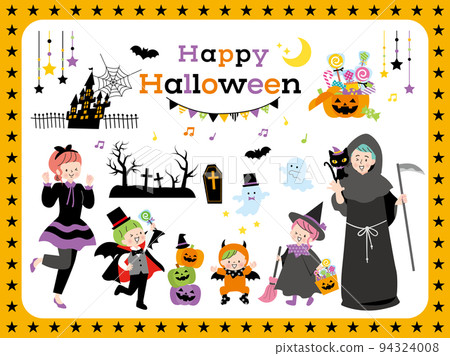 Illustration set of a family enjoying Halloween costumes 94324008