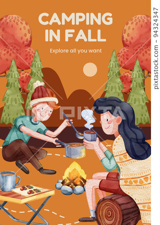 Poster template with autumn camping picnic concept,watercolor style 94324347