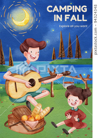 Poster template with autumn camping picnic concept,watercolor style 94324348