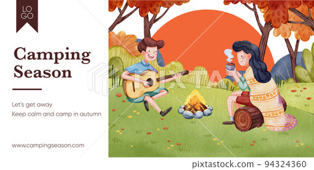 Blog header template with autumn camping picnic concept,watercolor style Blog header template with autumn camping picnic concept,watercolor style 94324360