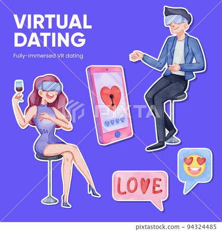 Sticker template with VR Dating concept,watercolor style Sticker template with VR Dating concept,watercolor style 94324485