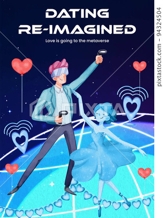 Poster template with VR Dating concept,watercolor style Poster template with VR Dating concept,watercolor style 94324504