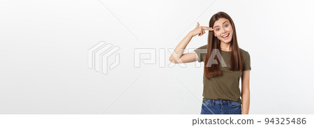 Beautiful caucasian woman smiling with open mouth and open palms 94325486