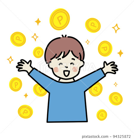 A man happy with a coin point banzai A man happy with a coin point banzai 94325872