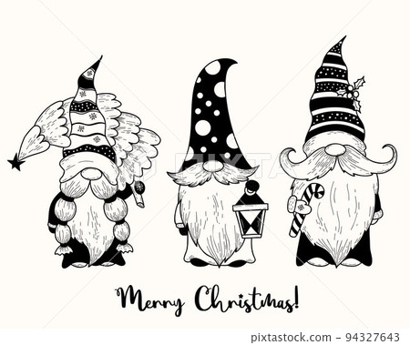 Cute christmas scandinavian gnomes. New year gnome Santa with christmas tree, lantern and caramel stick. Vector illustration. Hand drawing soodle. Isolated characters for design, decor, greeting card 94327643
