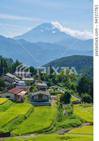 Terraced rice fields in Hirabayashi overlooking Mt. Fuji Terraced rice fields in Hirabayashi overlooking Mt. Fuji 94327761
