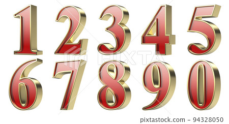 Set of numbers with red glass and golden frame Set of numbers with red glass and golden frame 94328050