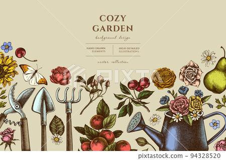Gardening hand drawn illustration design. Background with retro watering can, apples, cherry, rose, pears, shovel, rake, secateurs, chamomile, sunflower, forget me not flower, ranunculus, great orange Gardening hand drawn illustration design. Background with retro watering can, apples, cherry, rose, pears, shovel, rake, secateurs, chamomile, sunflower, forget me not flower, ranunculus, great orange 94328520