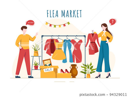 Flea Market Template Hand Drawn Cartoon Flat Illustration Second Hand Shop with Shoppers, Swap Meet, Sellers and Customers at Weekend 94329011