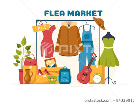 Flea Market Template Hand Drawn Cartoon Flat Illustration Second Hand Shop with Shoppers, Swap Meet, Sellers and Customers at Weekend 94329015
