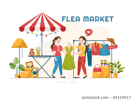 Flea Market Template Hand Drawn Cartoon Flat Illustration Second Hand Shop with Shoppers, Swap Meet, Sellers and Customers at Weekend 94329017