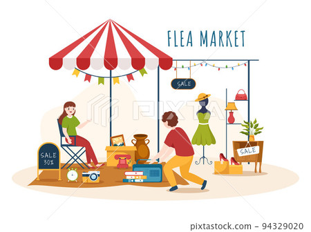Flea Market Template Hand Drawn Cartoon Flat Illustration Second Hand Shop with Shoppers, Swap Meet, Sellers and Customers at Weekend 94329020